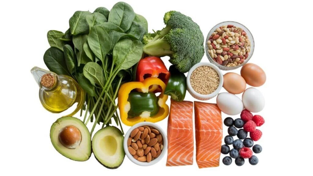 Foods to eat on Keto 2.0 including vegetables, healthy fats, eggs, and fish