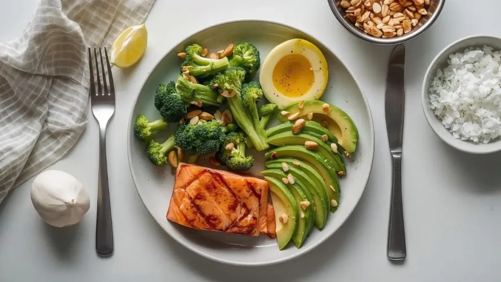 Example of a balanced Keto 2.0 plate with protein, low-carb vegetables, and healthy fats