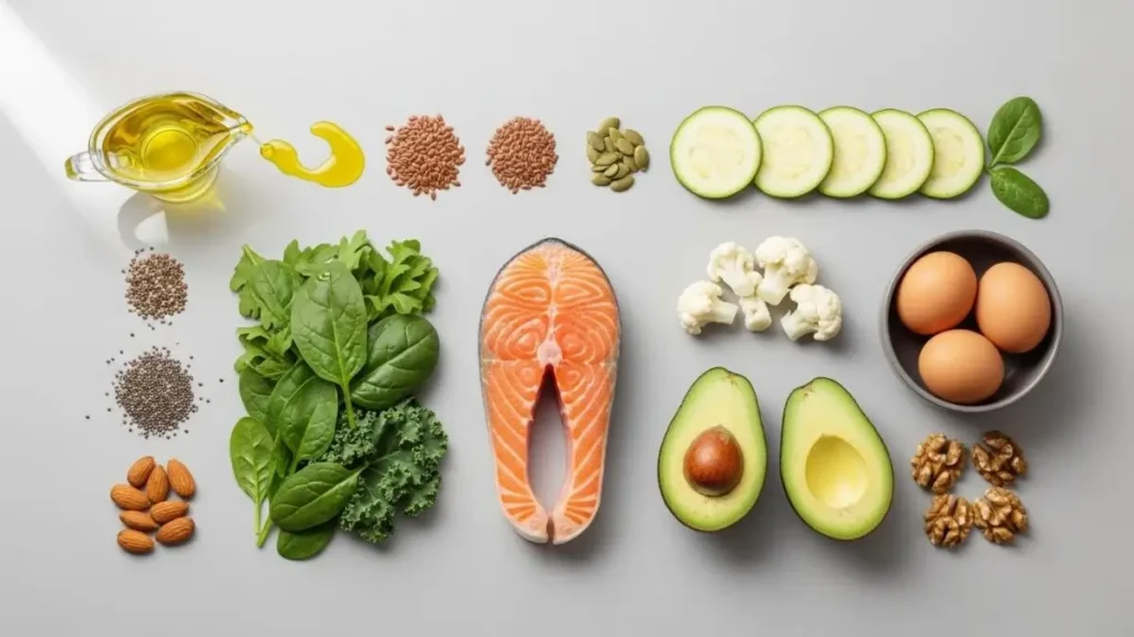 Keto 2.0 foods arranged for a 14-day beginner meal plan