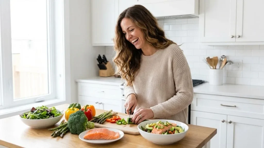 Beginner cooking 28-day keto meal plan in kitchen