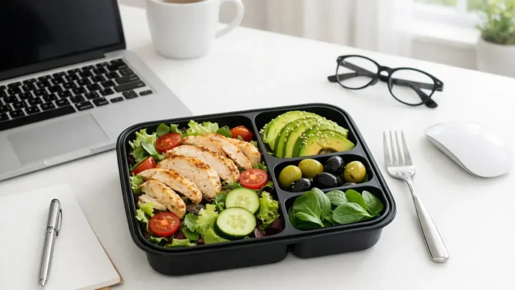 Easy keto lunch box for workdays with chicken avocado olives and low-carb vegetables for beginners
