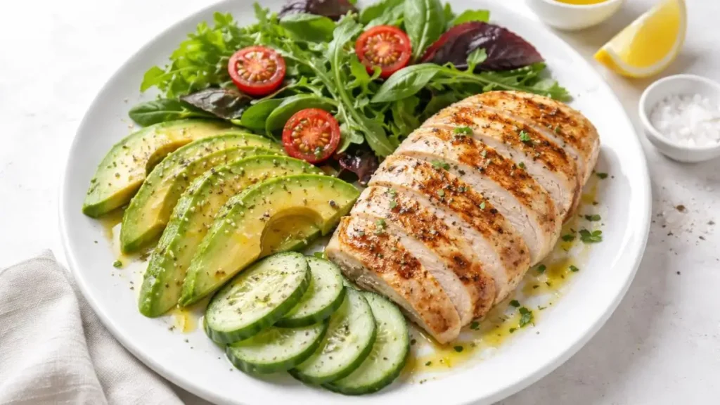 Easy keto lunch plate with chicken, avocado, and low-carb vegetables for beginners following Keto 2.0