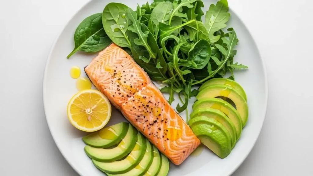 Keto 2.0 meal plate with salmon, avocado, and greens