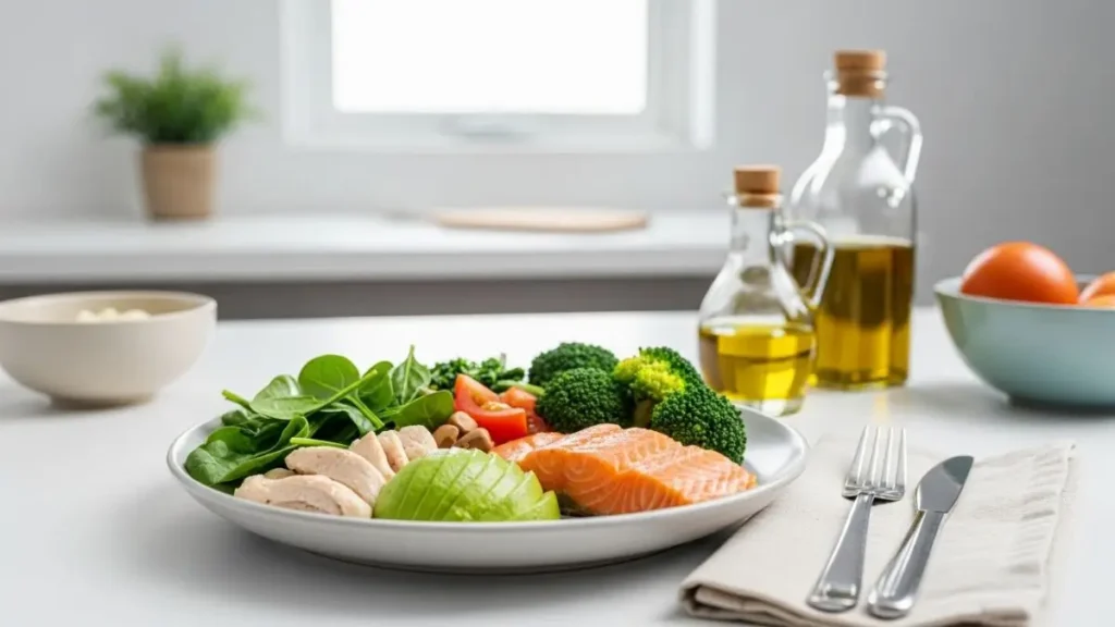 "Keto 2.0 for Beginners: A balanced keto plate with protein, veggies, and healthy fats, designed for beginners starting Keto 2.0