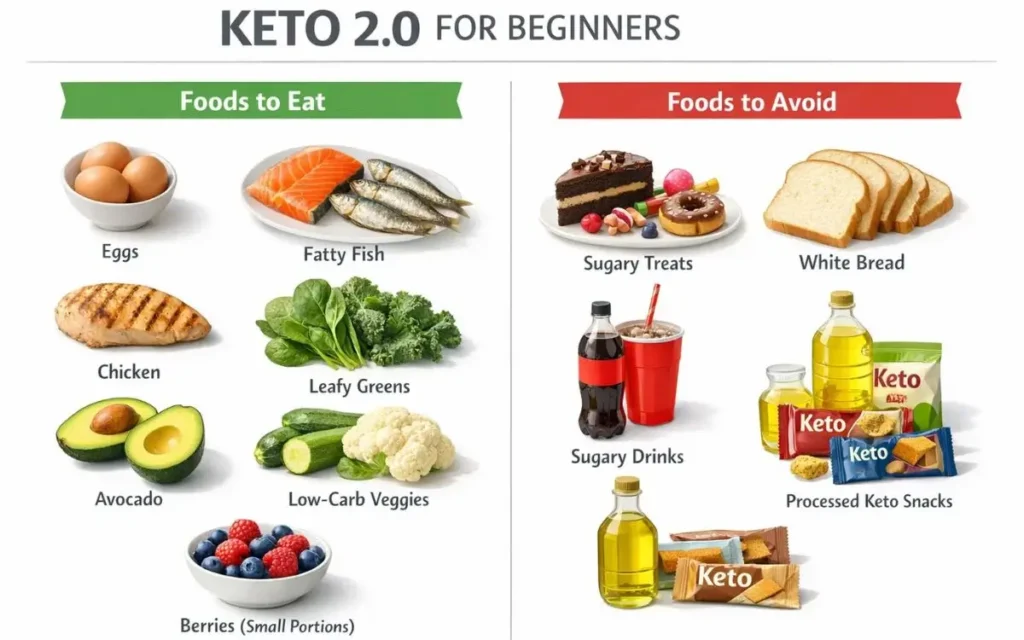 Keto 2.0 for Beginners: A simple guide showing foods to eat (eggs, fatty fish, avocado, leafy greens) and foods to avoid (refined sugars, processed grains, sugary drinks) on Keto 2.0