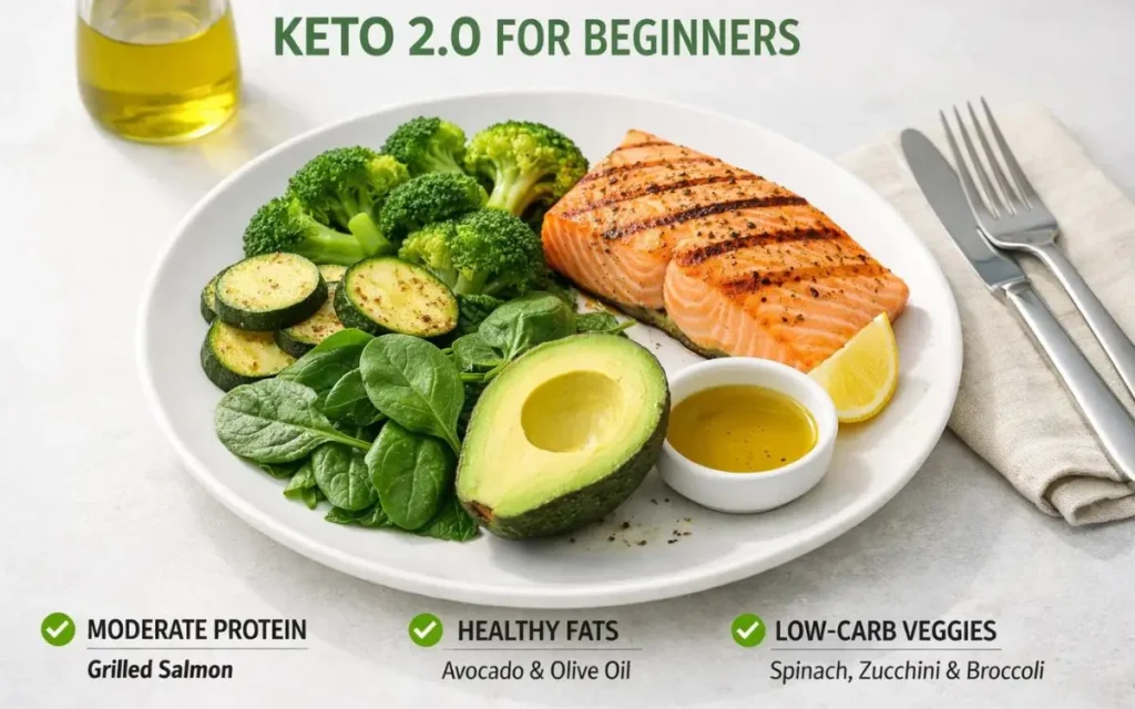 Keto 2.0 for Beginners: Balanced plate with protein, fats, and veggies for easy low-carb meals