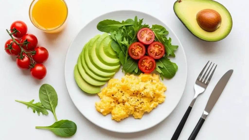 Keto 2.0 breakfast plate with eggs and avocado