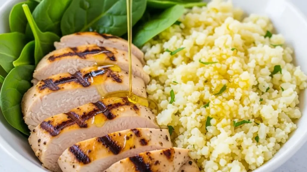 Keto 2.0 Recipes: Lunch bowl with grilled chicken and vegetables