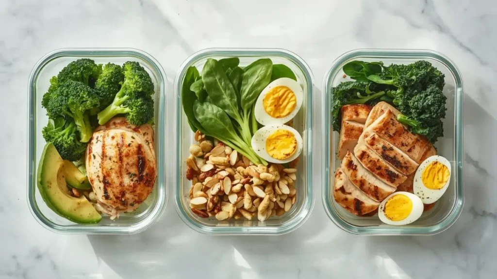 Keto meal prep containers with low-carb meals
