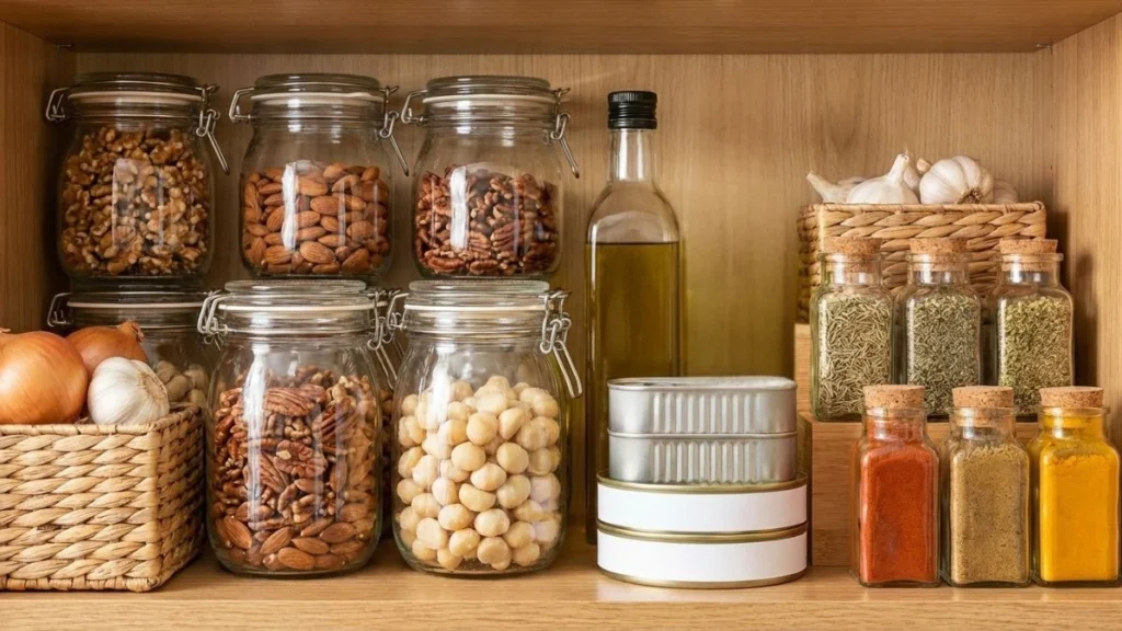 Keto kitchen pantry staples neatly organized