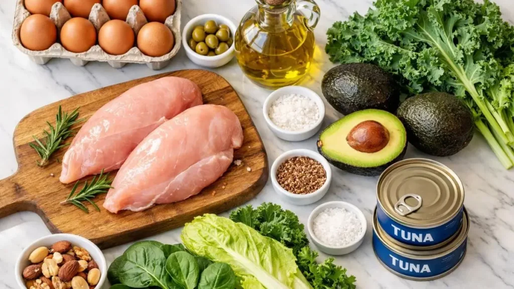 Keto grocery ingredients for easy lunches including chicken eggs avocado and leafy greens