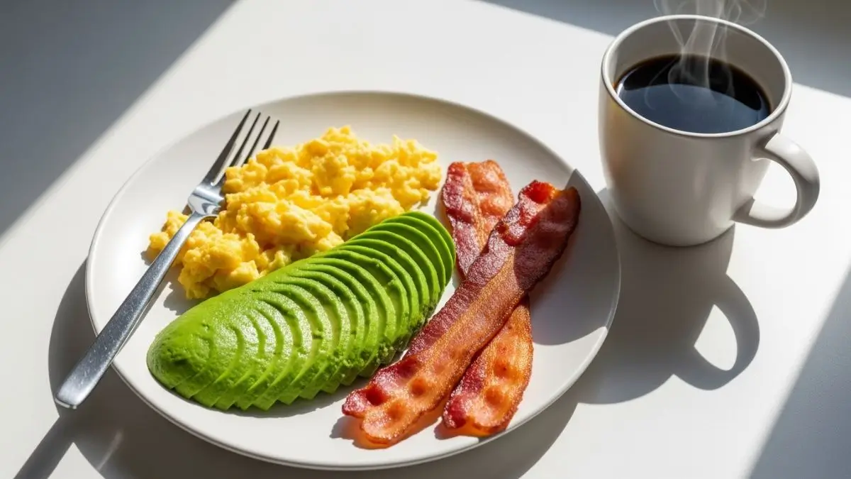 Lazy keto breakfast plate with eggs, avocado, bacon and coffee for beginners