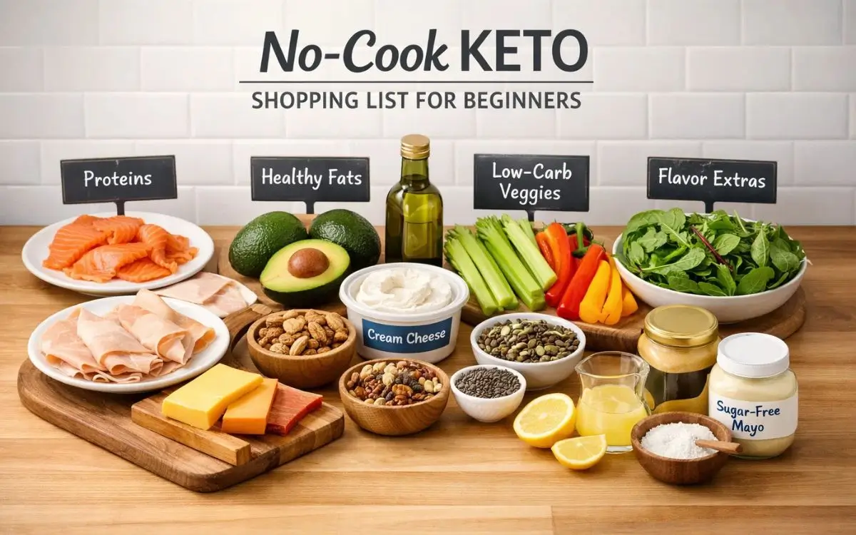 No-cook keto shopping list: Smoked salmon, avocado, cheeses, low-carb veggies, and healthy fats for easy keto breakfasts