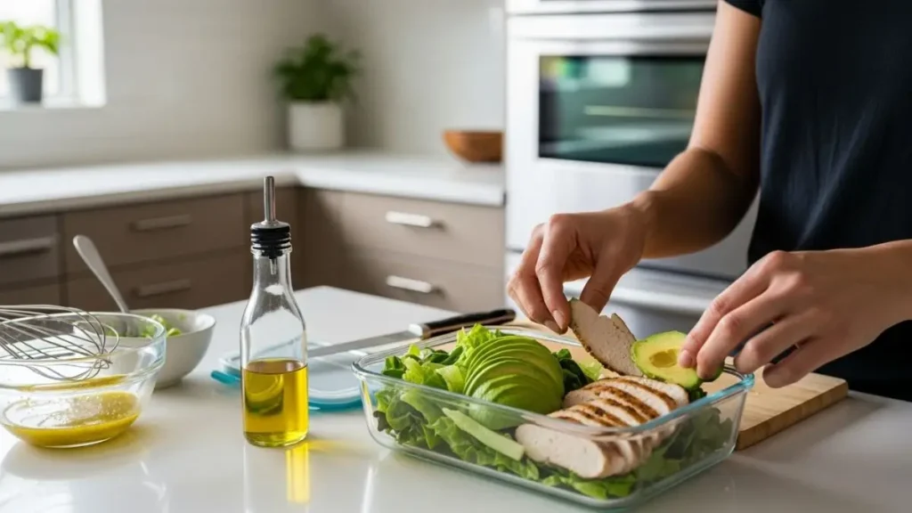 Person assembling an easy keto lunch container with chicken avocado lettuce and olive oil for beginners following Keto 2.0