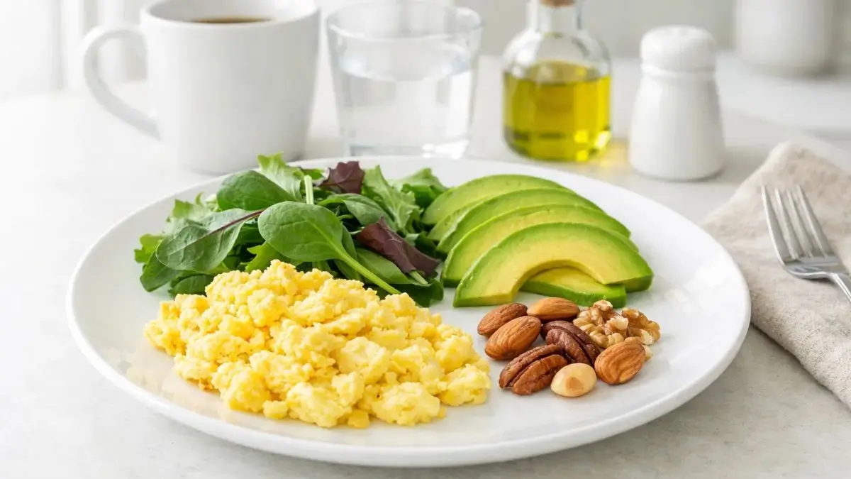 Lazy Keto Breakfast for Beginners: Scrambled eggs, avocado, leafy greens, and nuts on a white plate in a minimalist kitchen