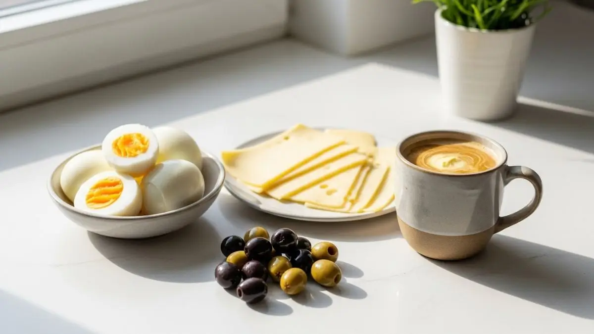 Simple lazy keto breakfast with boiled eggs and cheese