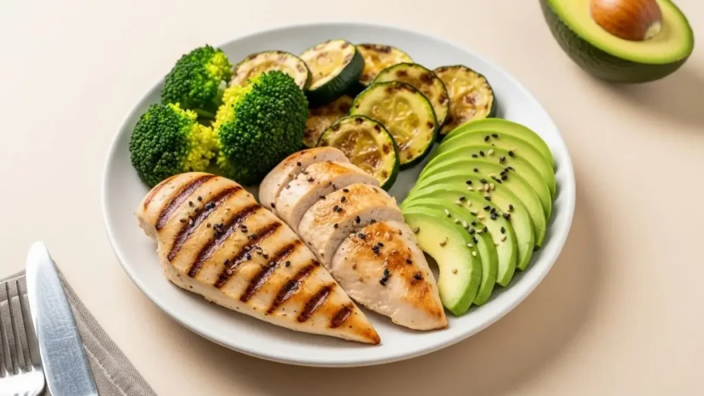 Easy keto dinner recipes with grilled chicken, zucchini and avocado on a balanced plate