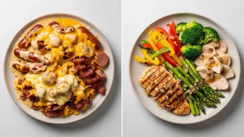 Comparison between heavy traditional keto dinner and balanced keto 2.0 dinner
