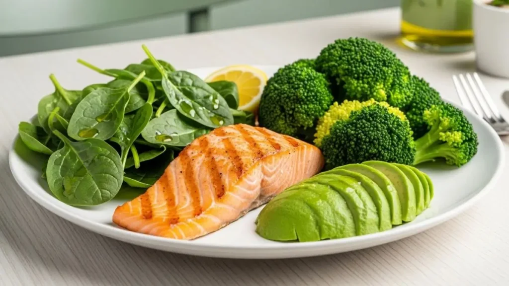 Keto 2.0 dinner idea with salmon, vegetables and moderate healthy fats