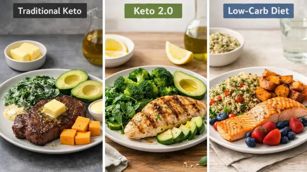 Side-by-side comparison of Traditional Keto, Keto 2.0, and Low-Carb diet plates, highlighting protein, fats, and vegetables.