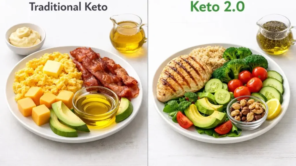 Keto 2.0 vs Traditional Keto comparison showing macro and food differences