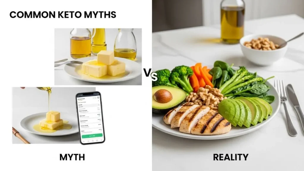 Split-screen image showing Keto 2.0 myths (excessive fats and strict tracking) vs reality (balanced meals with protein, vegetables, and moderate fats).