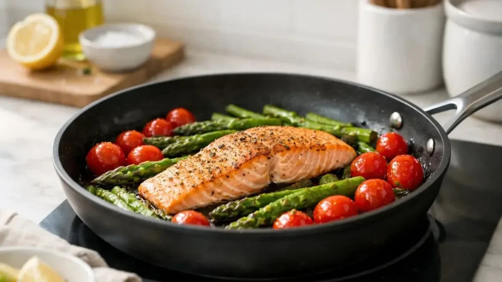 Quick keto dinner recipe with salmon and asparagus cooked in one pan