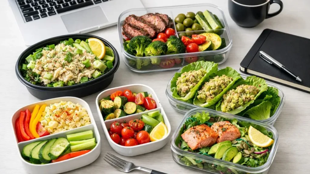 Easy keto meal options for busy professionals, including chicken salad, tuna wraps, and salmon bowls