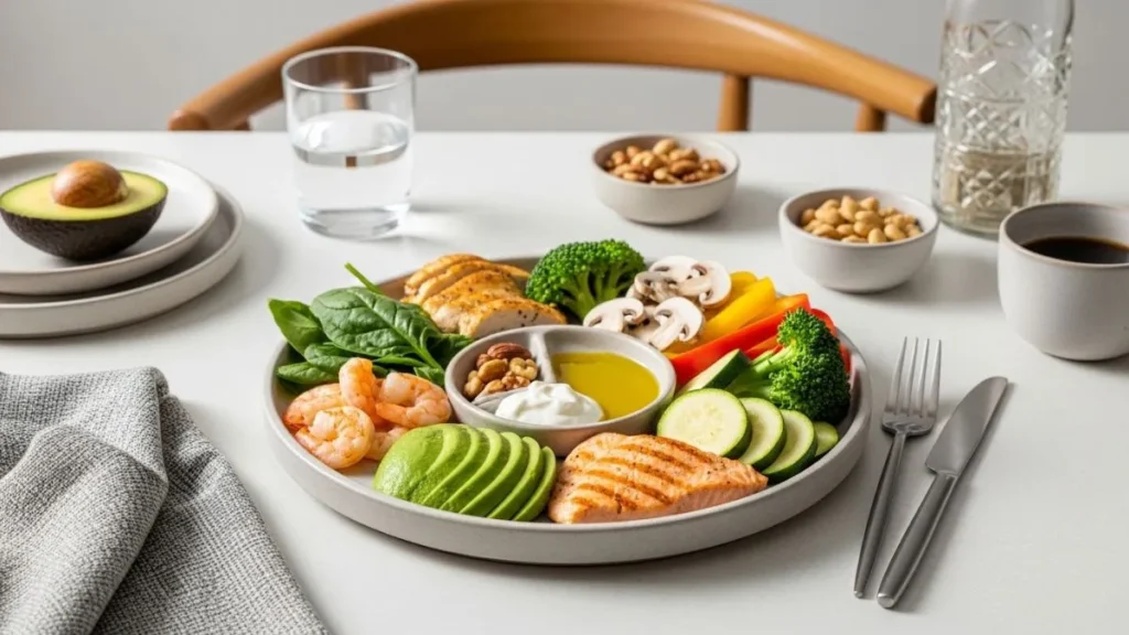 Balanced Keto 2.0 plate with grilled protein, low-carb vegetables, avocado, olive oil, and nuts in a modern kitchen setting.