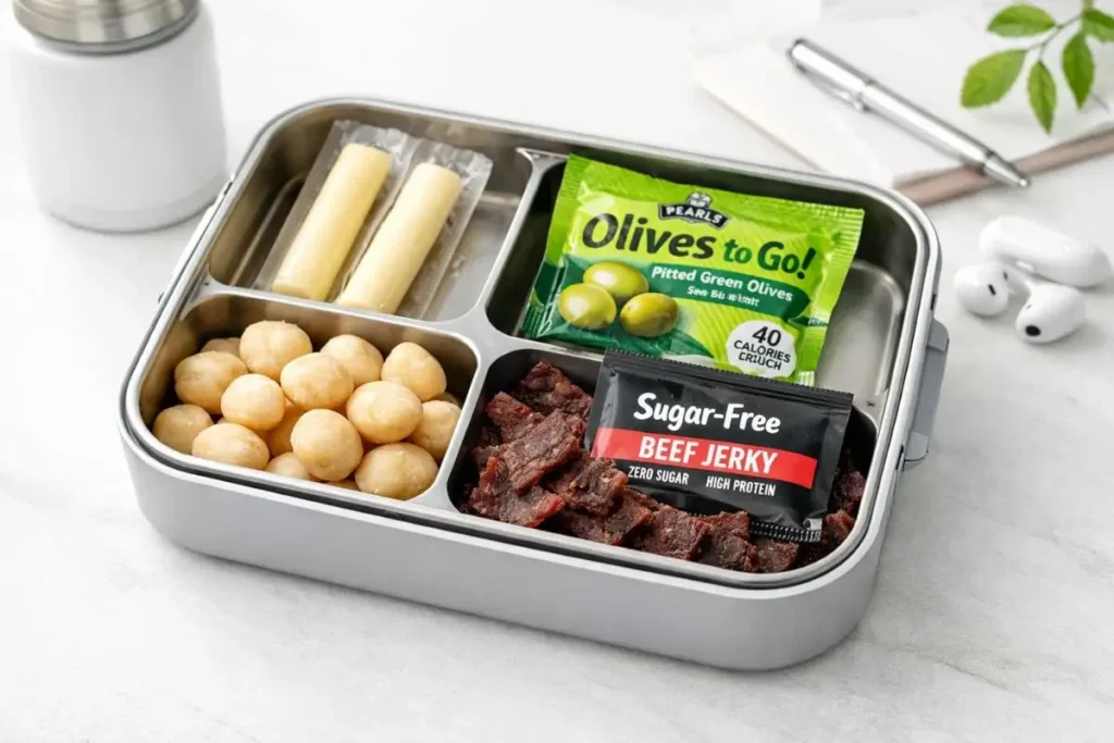 portable no-cook keto snacks for work including cheese nuts olives and jerky