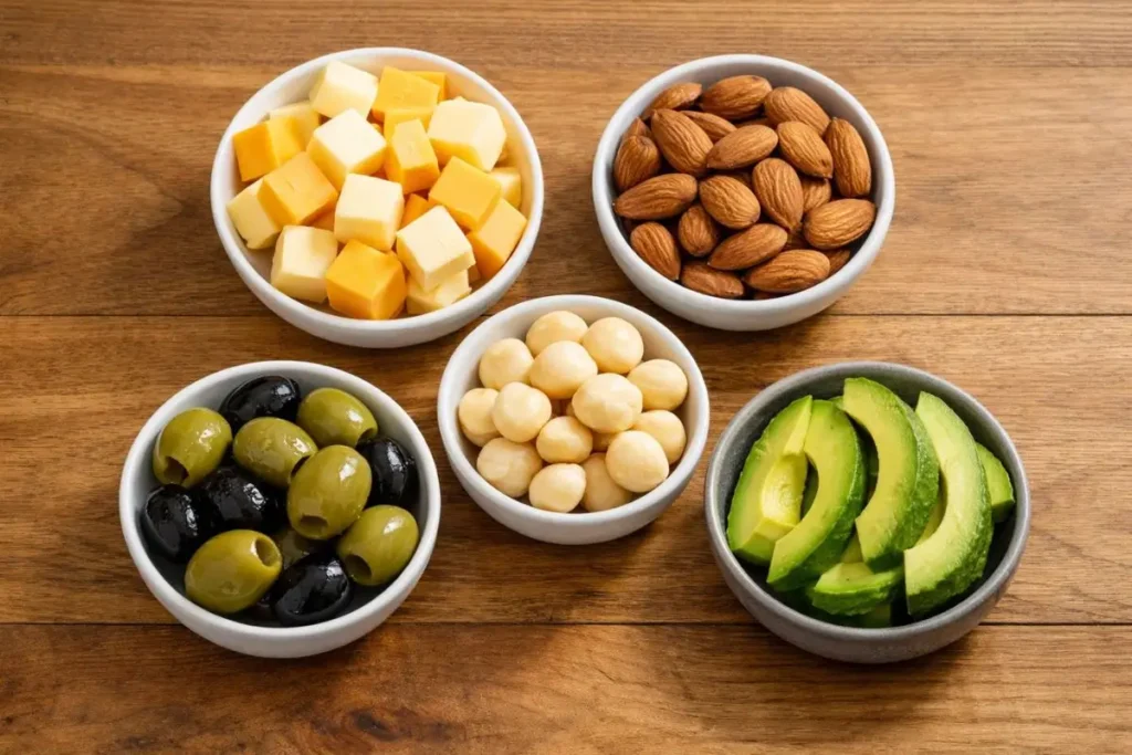 quick no-cook keto snacks with cheese nuts olives and avocado