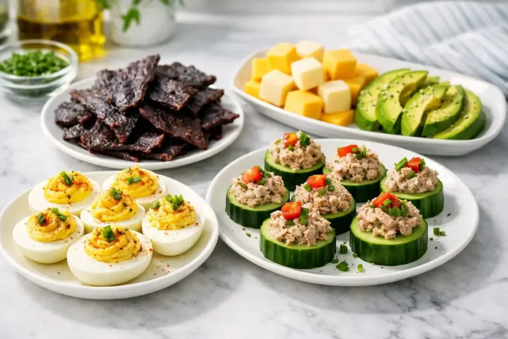 Easy high-protein keto snack ideas including deviled eggs tuna cucumber bites and cheese