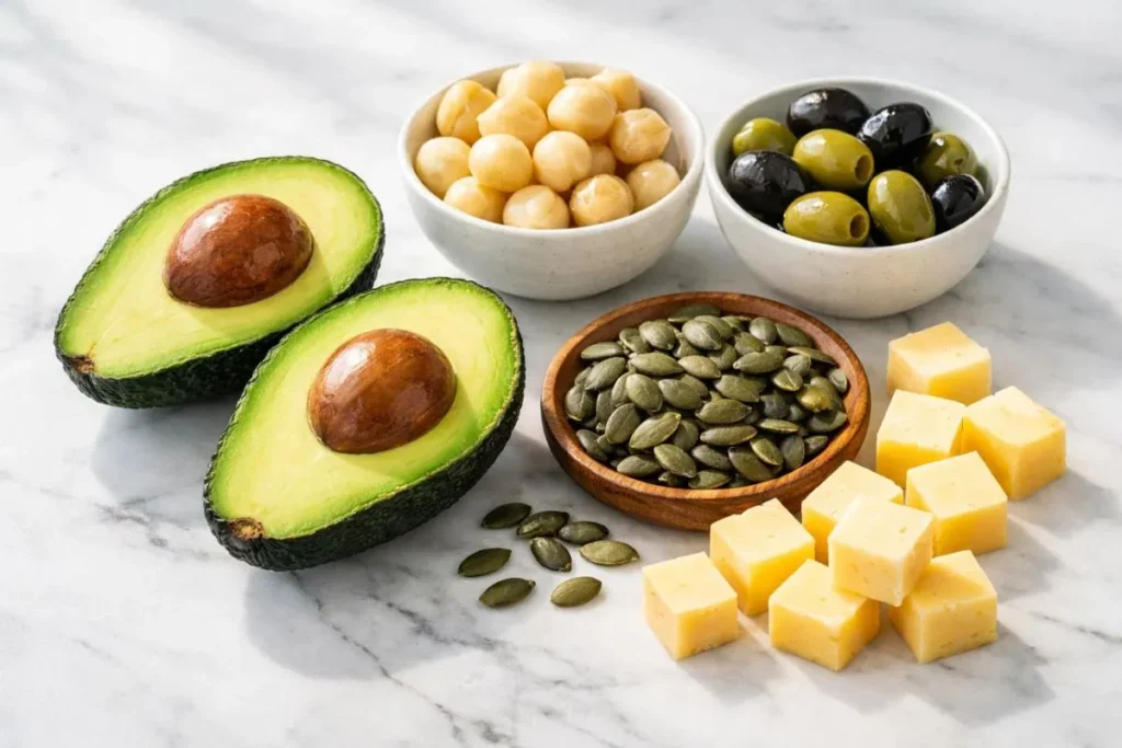 high-fat keto snacks avocado macadamia nuts cheese olives