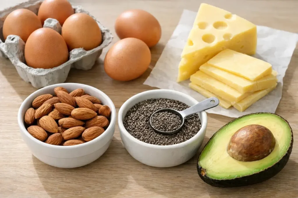 Key ingredients for high-protein keto snacks including eggs cheese nuts and avocado