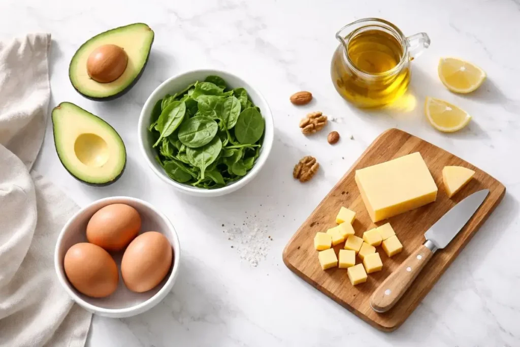 essential ingredients for quick keto meals including eggs avocado and low carb foods