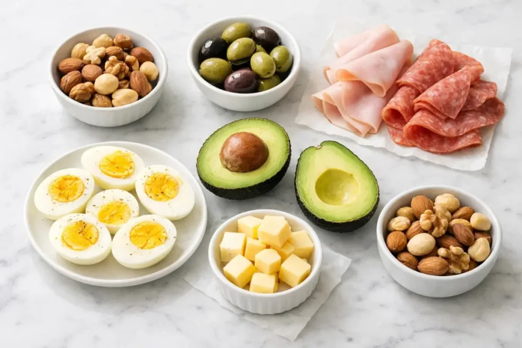 best ingredients for grab-and-go keto meals including eggs avocado cheese and low carb snacks