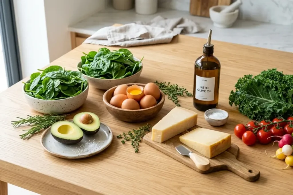 essential ingredients for quick keto cooking including eggs avocado and low carb foods