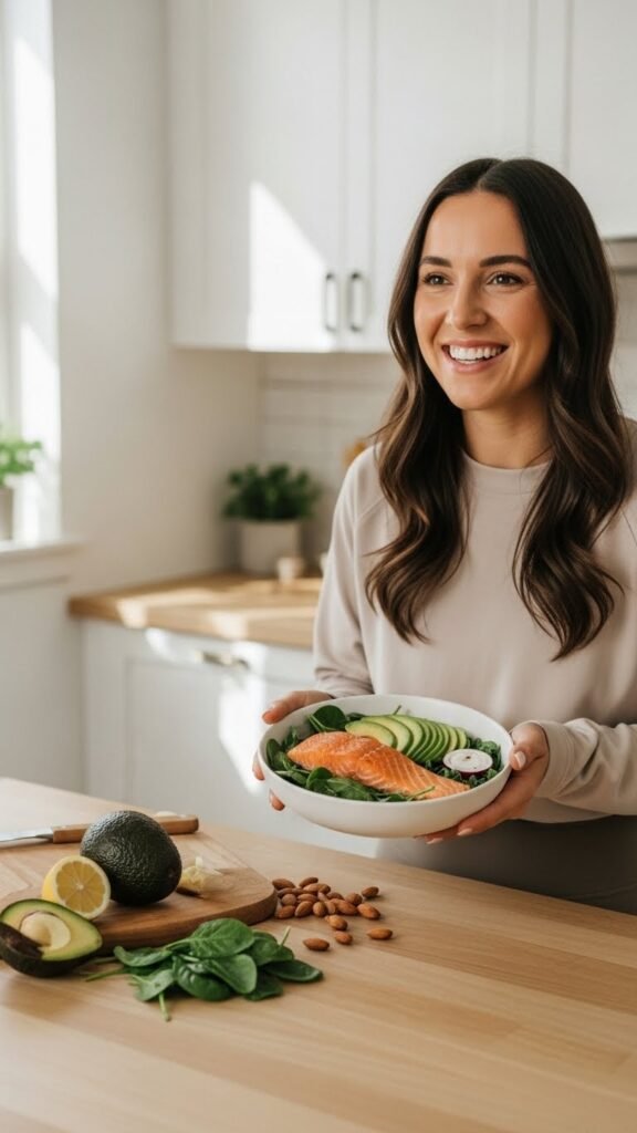 Khad, Keto 2.0 coach, holding a healthy keto plate with salmon, avocado, and vegetables
