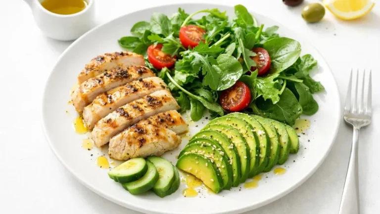 Easy keto lunch plate for beginners with chicken avocado and low-carb vegetables following Keto 2.0