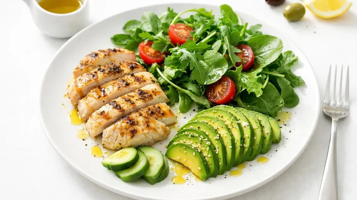 Easy keto lunch plate for beginners with chicken avocado and low-carb vegetables following Keto 2.0