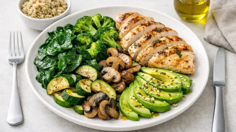 Keto 2.0 Recipes: A plate with protein, fiber-rich veggies, and healthy fats, following the Keto 2.0 plate method