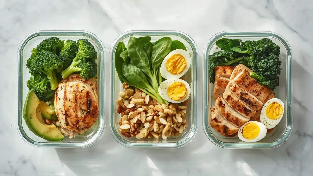 Keto meal prep containers with low-carb meals