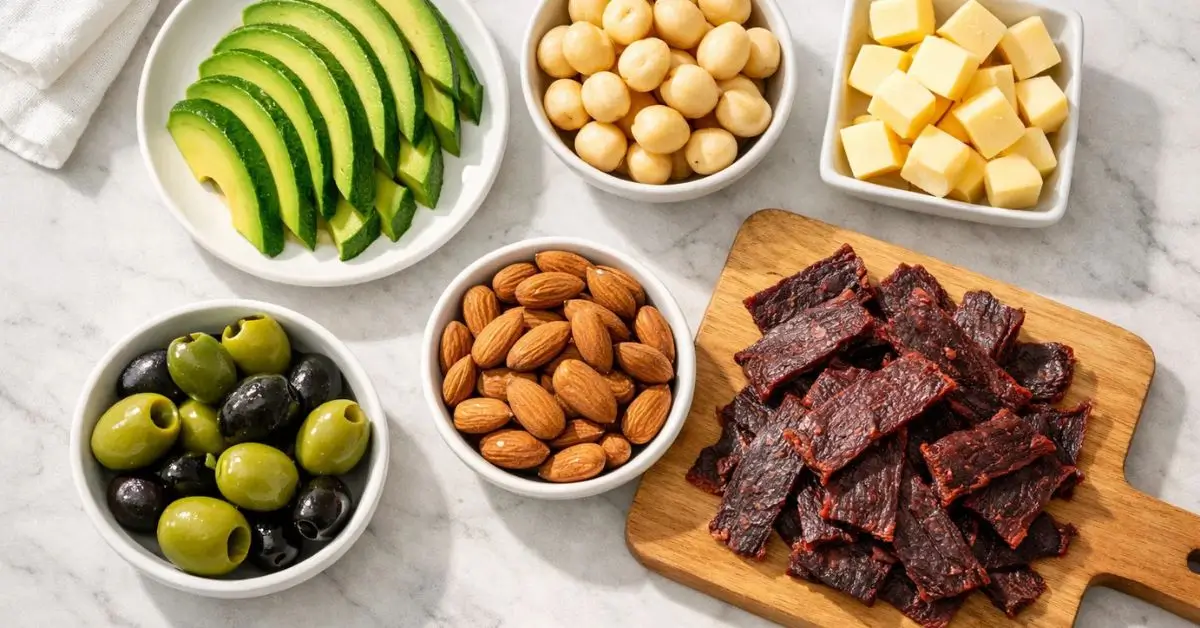 no-cook keto snacks including avocado, cheese, nuts and olives