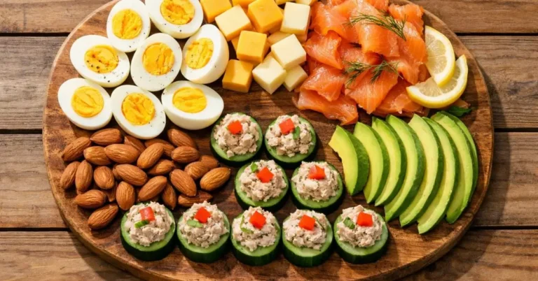 Preparing quick high-protein keto snacks with eggs avocado cheese and nuts
