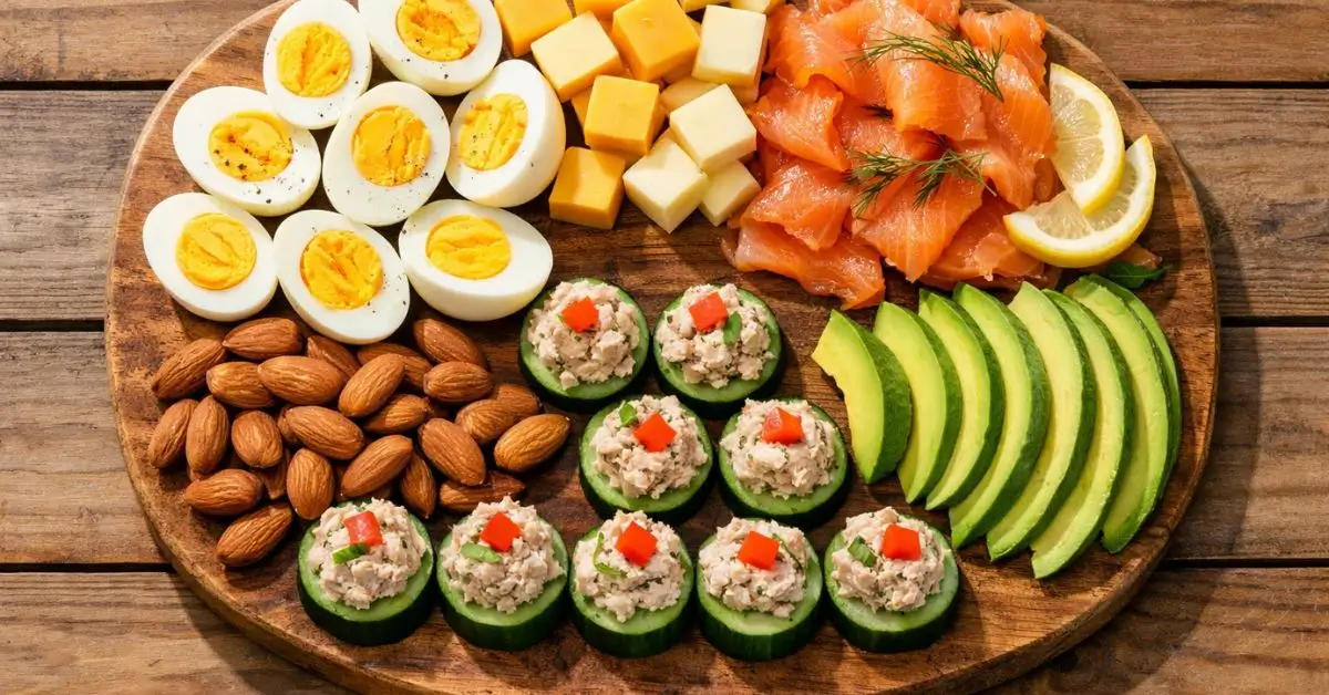 Preparing quick high-protein keto snacks with eggs avocado cheese and nuts