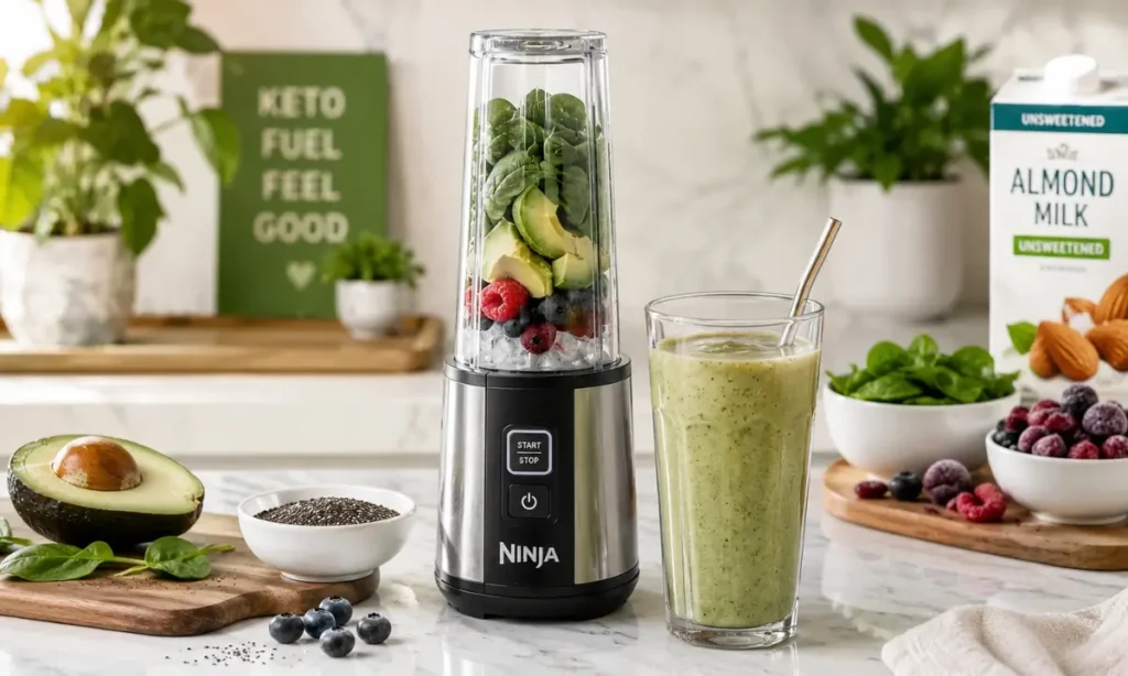 Ninja Fit compact blender with avocado keto smoothie, berries, chia seeds, and almond milk on a modern kitchen countertop