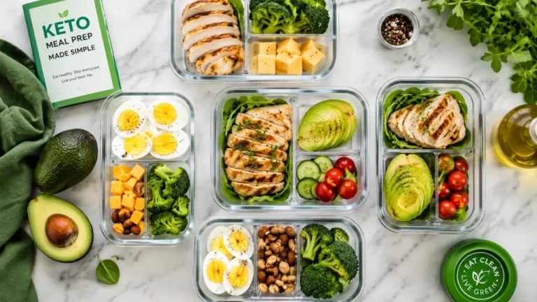 Glass keto meal prep containers with chicken, avocado, eggs, broccoli, and healthy low-carb lunch ingredients