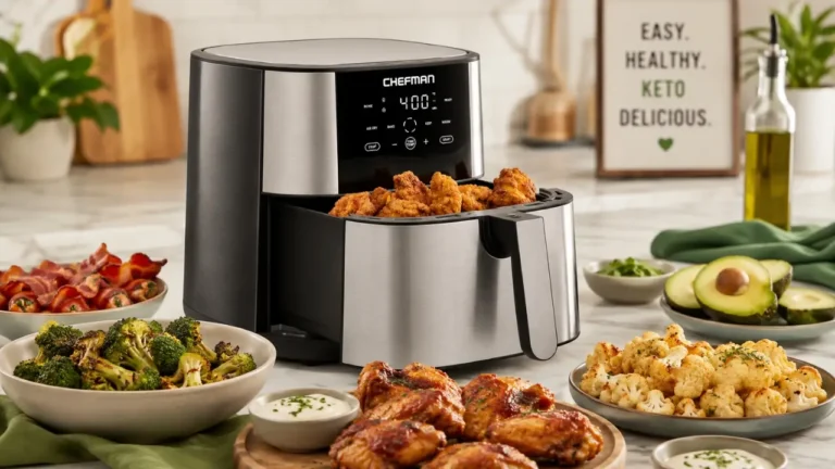 Chefman air fryer with crispy keto chicken wings, broccoli, bacon, and healthy low-carb foods on modern kitchen countertop