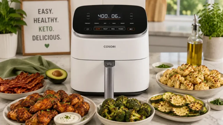 COSORI air fryer with crispy keto chicken wings, roasted vegetables, bacon, and healthy low-carb foods on modern kitchen countertop