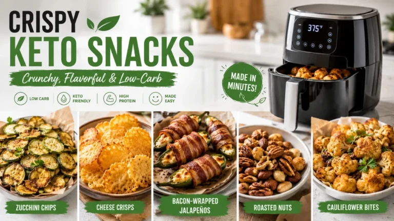 Crispy keto air fryer snacks including zucchini chips, cheese crisps, cauliflower bites, and bacon-wrapped jalapeños